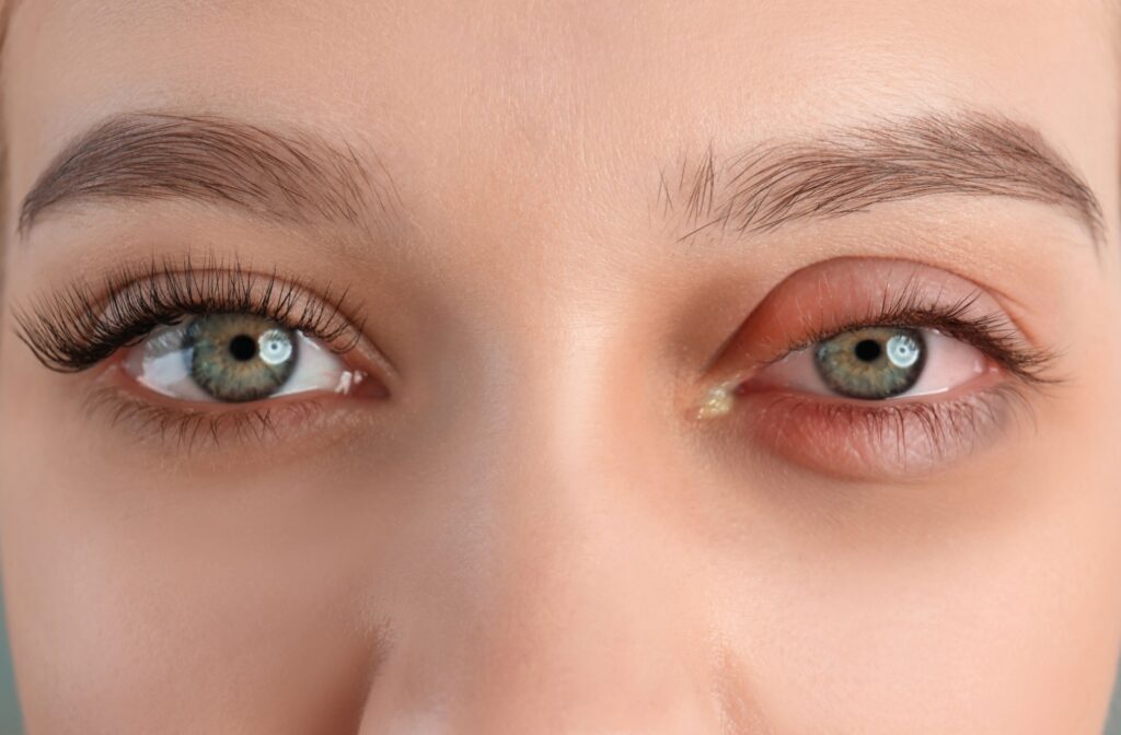 Close-up of a woman's eyes with swelling and discharge in one eye due to pink eye.