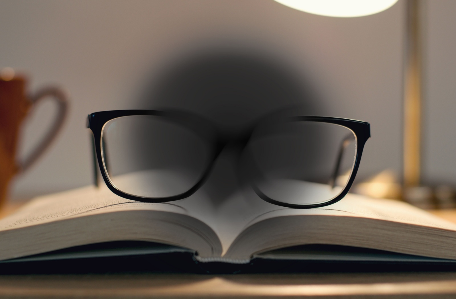 Concept image showing a book viewed through eyeglasses with a dark blurred spot in the center of vision, simulating the effects of macular degeneration.