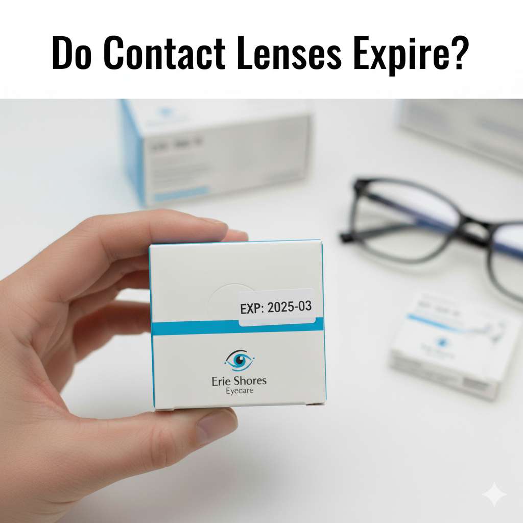 A person holding a box of contact lenses labeled “EXP: 2025-03” with the Erie Shores Eyecare logo, illustrating the question “Do Contact Lenses Expire?” in bold text above.