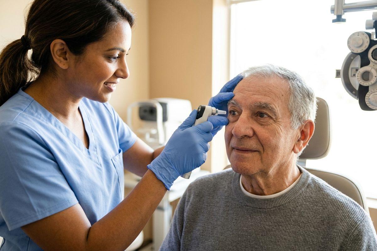 Healthcare provider in scrubs using an ophthalmoscope to examine a senior adult's eye in a clinical setting.