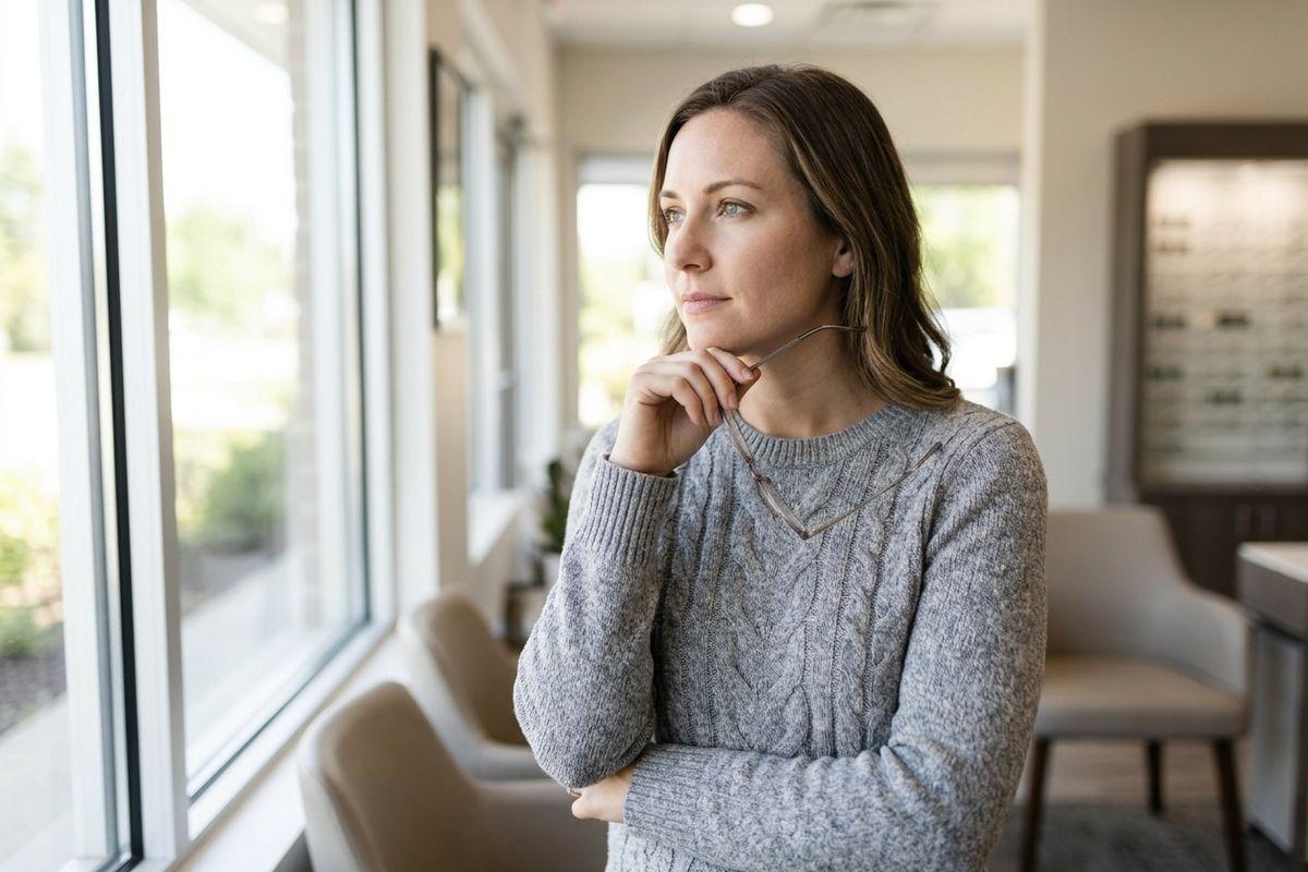 Adult holding glasses thoughtfully, gazing out a window in an optometry waiting area with an eyeglass display visible in the background.