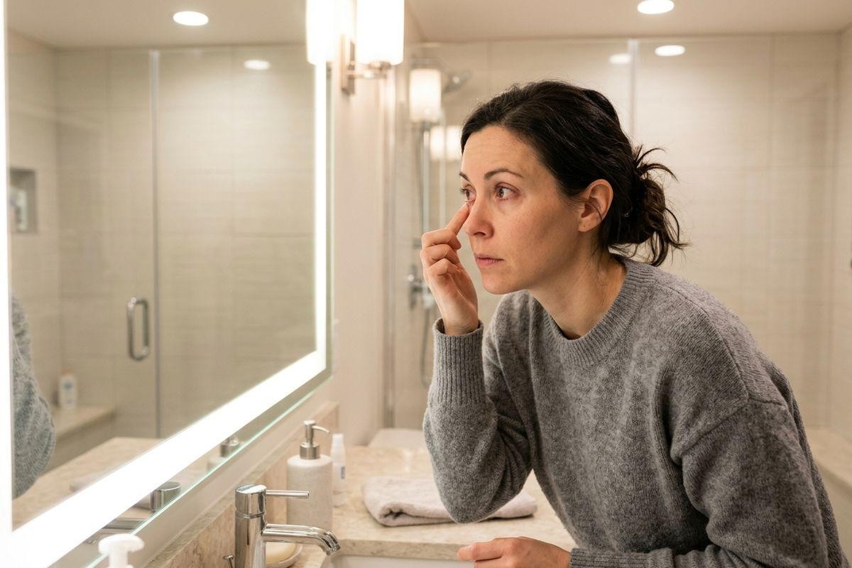 adult-leaning-over-a-bathroom-sink-touching-the-corner-of-one-eye-while-looking- Adult leaning over a bathroom sink, touching the corner of one eye while looking closely into a lit mirror.