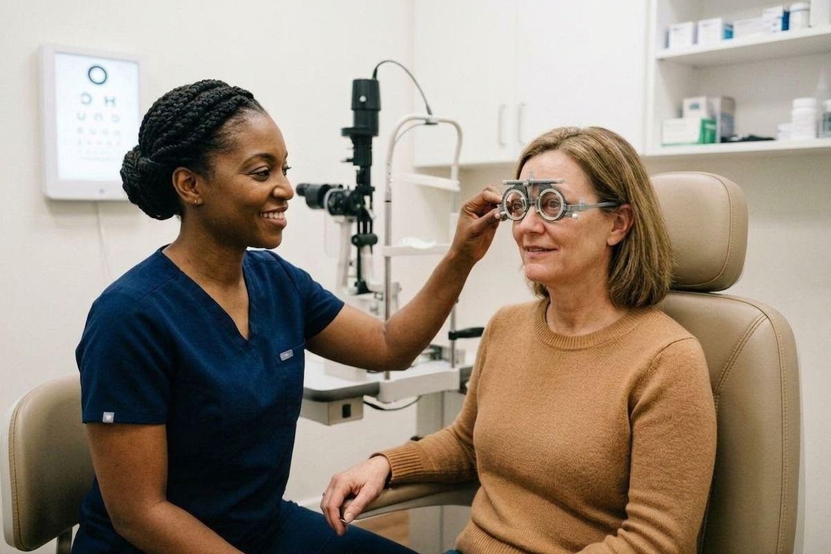 Smiling optometrist adjusting a trial frame on a seated adult patient during an eye exam, with a slit lamp and eye chart visible.