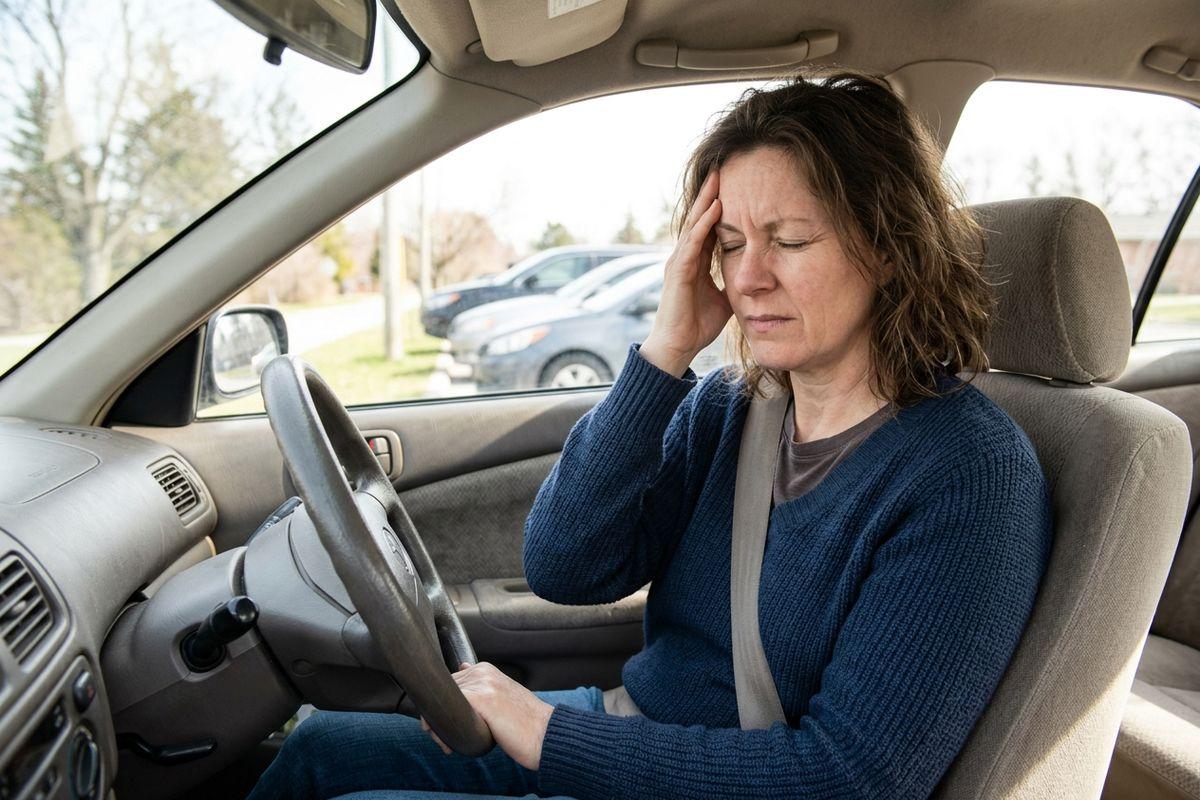 Adult sitting in a parked car wearing a seatbelt, eyes closed, pressing one hand to their temple with a pained expression.
