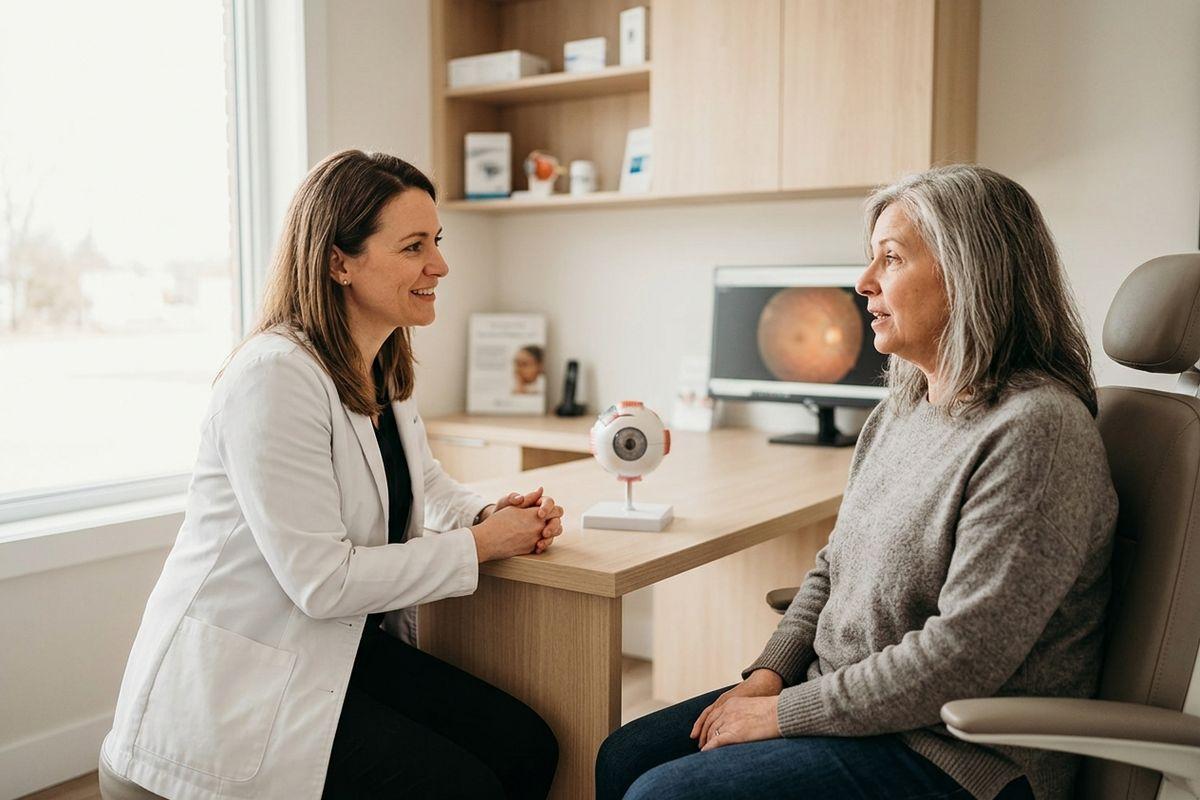 Optometrist smiling while talking with a seated patient in an exam room, with an eye model on the desk and a retinal scan on the monitor.