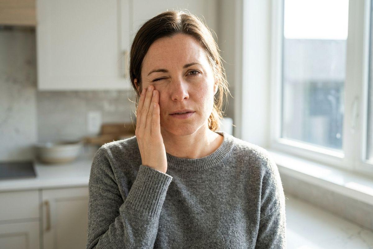 Adult rubbing one eye with their hand in a kitchen, wearing a grey sweater, with a concerned expression.