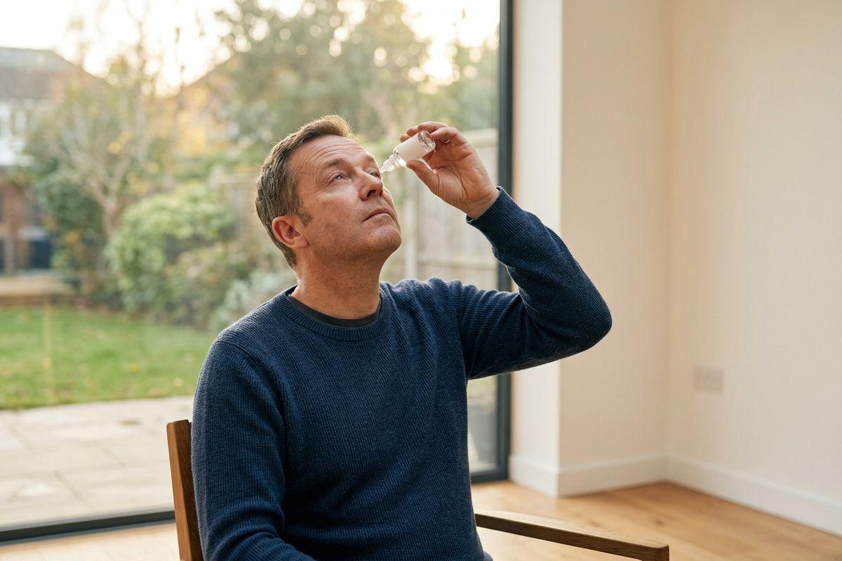 Adult sitting indoors applying eye drops from a small bottle, tilting head back, with a garden visible through large windows behind them.